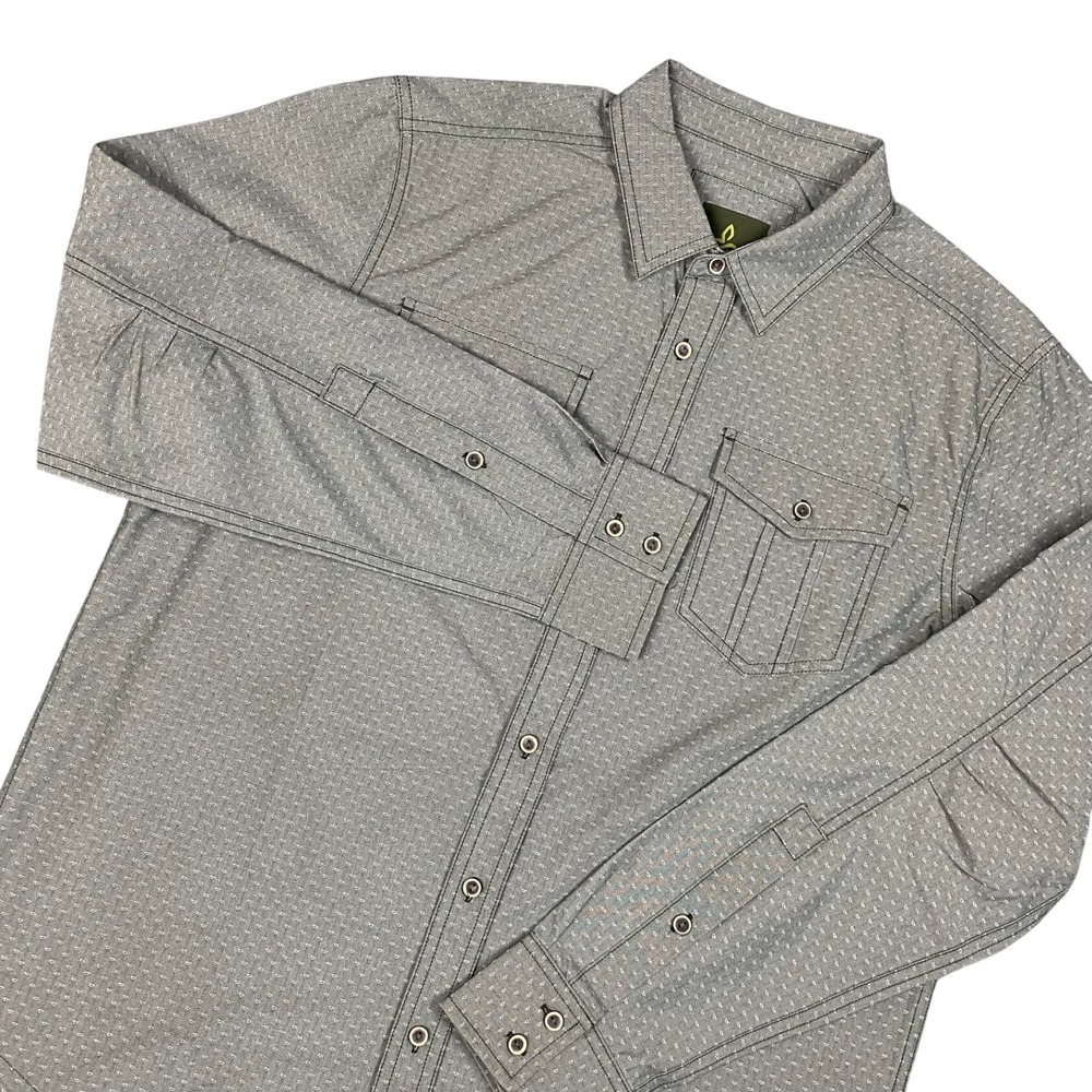 Prana Mens Small‎ Button Up Shirt Gray Geometric Print Roll Tab Long Sleeve